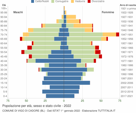 Grafico Popolazione per età, sesso e stato civile Comune di Vigo di Cadore (BL)