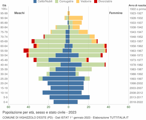 Grafico Popolazione per età, sesso e stato civile Comune di Vighizzolo d'Este (PD)
