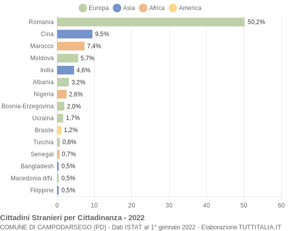 Grafico cittadinanza stranieri - Campodarsego 2022