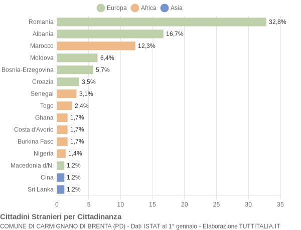 Grafico cittadinanza stranieri - Carmignano di Brenta 2005