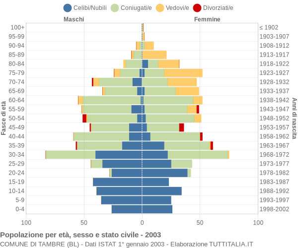 Grafico Popolazione per età, sesso e stato civile Comune di Tambre (BL)