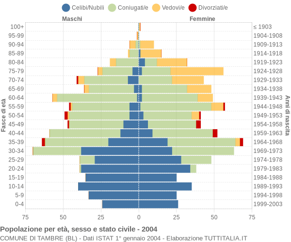 Grafico Popolazione per età, sesso e stato civile Comune di Tambre (BL)