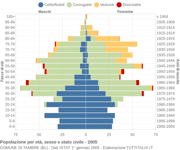 Grafico Popolazione per età, sesso e stato civile Comune di Tambre (BL)