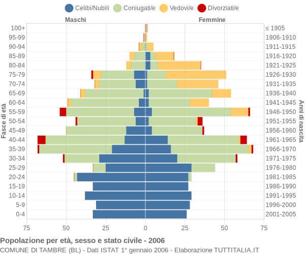 Grafico Popolazione per età, sesso e stato civile Comune di Tambre (BL)