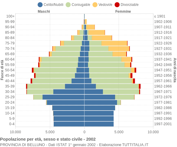 Grafico Popolazione per età, sesso e stato civile Provincia di Belluno