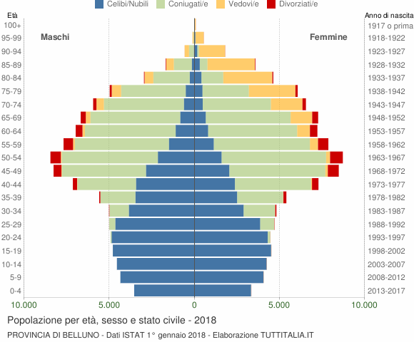 Grafico Popolazione per età, sesso e stato civile Provincia di Belluno